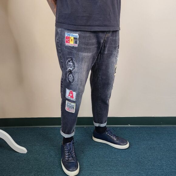 Elastic Waistline 5 Pocket Patchwork Denim Jeans 31x26 - Picture 9 of 10